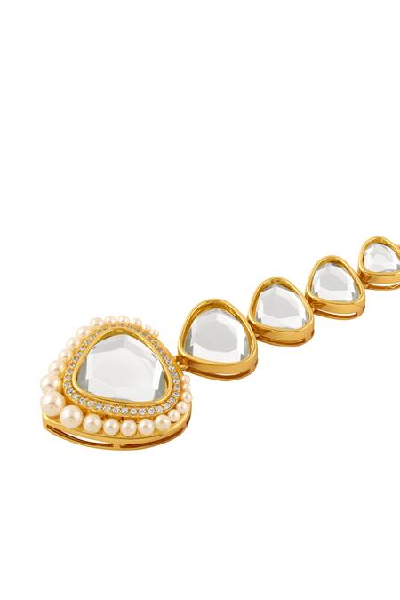 Buy_Isharya_Gold Plated Crystals, Pearls Boondein Mirror Embellished Maangtikka _Online_at_Aza_Fashions