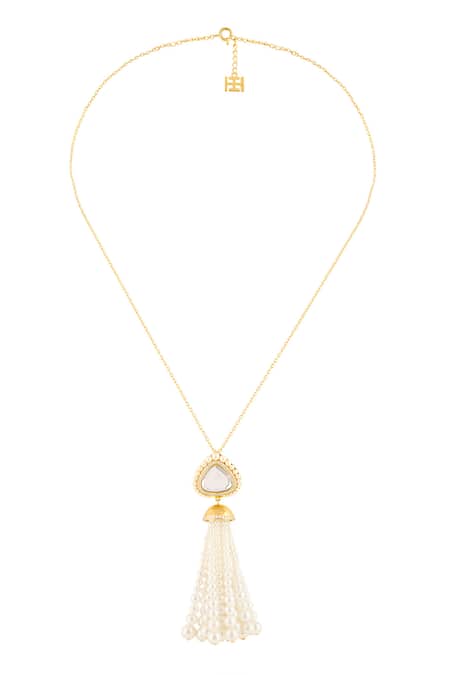 Shop Isharya Gold Plated Lucent Pearl Tassel Pendant Necklace at Aza Fashions Shop_Isharya_Gold Plated Lucent Pearl Tassel Pendant Necklace _at_Aza_Fashions