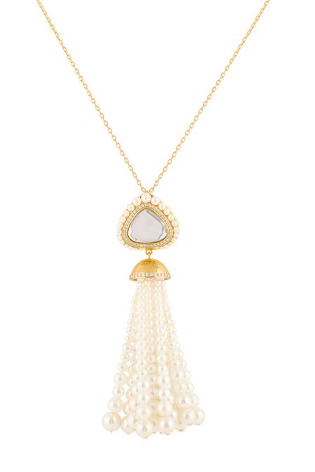 Buy Isharya Gold Plated Lucent Pearl Tassel Pendant Necklace Online at Aza Fashions Buy_Isharya_Gold Plated Lucent Pearl Tassel Pendant Necklace _Online_at_Aza_Fashions