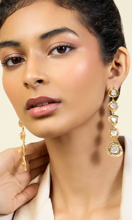 ISHARYA Boondein Mirror Finish Stone Embellished Drop Earrings 