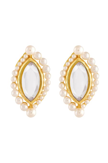 Shop Isharya Gold Plated Mirrors, Pearls Finish Stone And Embellished Studs at Aza Fashions Shop_Isharya_Gold Plated Mirrors, Pearls Finish Stone And Embellished Studs _at_Aza_Fashions