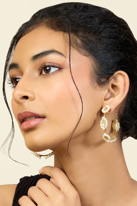 ISHARYA Mirror Finish & Pearl Embellished Hoops 