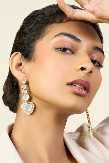 ISHARYA Gold Plated Mirror Sheesh Mahal Finish Stone Embellished Drop Earrings 