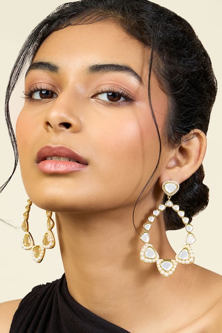 ISHARYA Gold Plated Mirror Alizeh And Pearl Embellished Earrings 