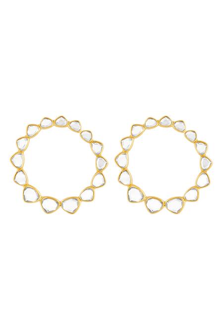 Shop Isharya Gold Plated Mirrors Finish Stone Embellished Hoops at Aza Fashions Shop_Isharya_Gold Plated Mirrors Finish Stone Embellished Hoops_at_Aza_Fashions