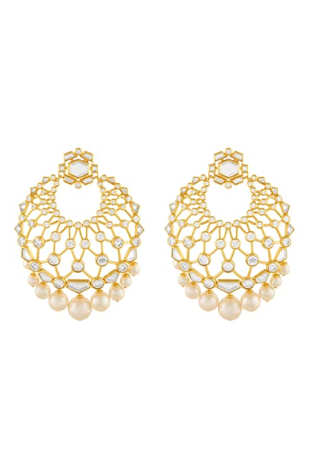 Shop Isharya Gold Plated Mirrors, Pearls Noor Finish Stone Embellished Chandbalis at Aza Fashions Shop_Isharya_Gold Plated Mirrors, Pearls Noor Finish Stone Embellished Chandbalis _at_Aza_Fashions