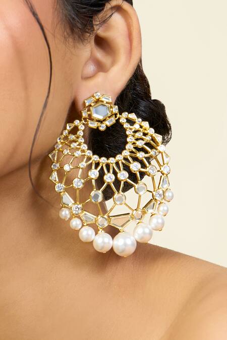 Isharya Gold Plated Mirrors, Pearls Noor Finish Stone Embellished Chandbalis Online at Aza Fashions Isharya_Gold Plated Mirrors, Pearls Noor Finish Stone Embellished Chandbalis _Online_at_Aza_Fashions