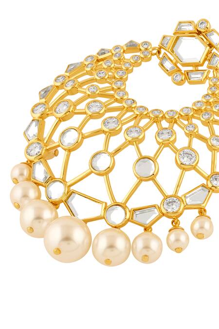 Shop Isharya Gold Plated Mirrors, Pearls Noor Finish Stone Embellished Chandbalis Online at Aza Fashions Shop_Isharya_Gold Plated Mirrors, Pearls Noor Finish Stone Embellished Chandbalis _Online_at_Aza_Fashions