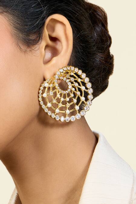 Isharya_Gold Plated Pearls, Diamonds Amal Mirror Finish Stone Embellished Earrings_Online_at_Aza_Fashions