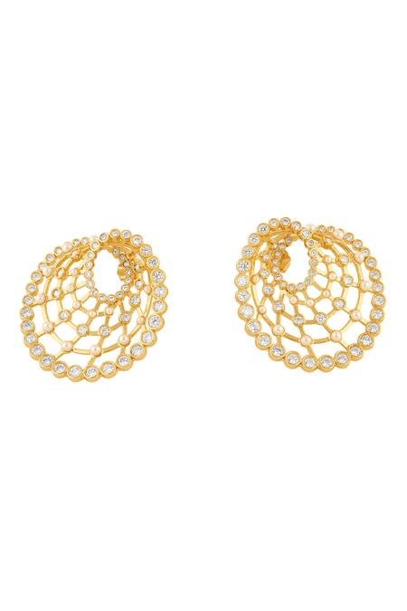Buy_Isharya_Gold Plated Pearls, Diamonds Amal Mirror Finish Stone Embellished Earrings_Online_at_Aza_Fashions