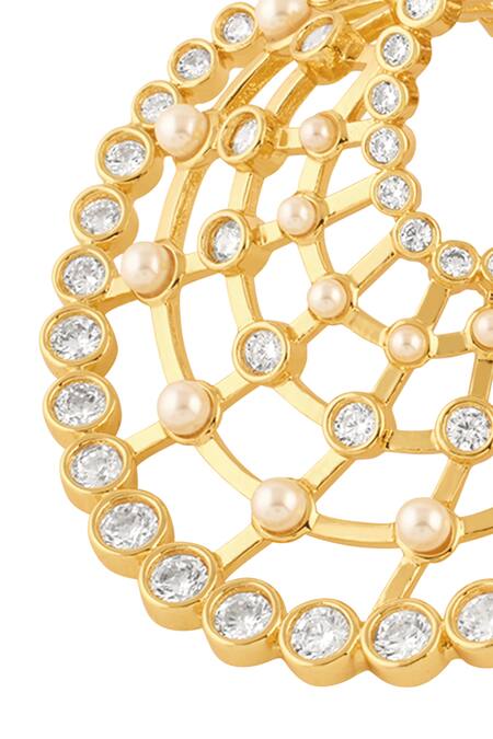 Shop_Isharya_Gold Plated Pearls, Diamonds Amal Mirror Finish Stone Embellished Earrings_Online_at_Aza_Fashions