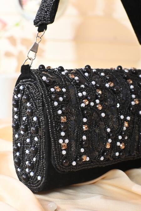 LA Fiza_Black Pearls, Sequins, Beads Midnight Rhapsody Embellished Clutch Bag_Online_at_Aza_Fashions