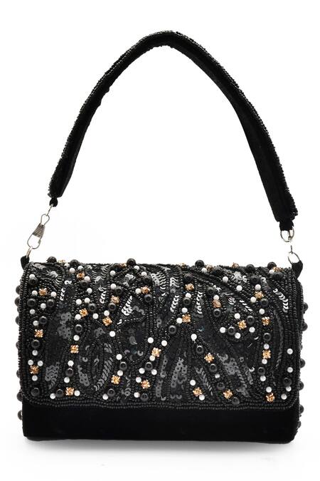 Buy_LA Fiza_Black Pearls, Sequins, Beads Midnight Rhapsody Embellished Clutch Bag_Online_at_Aza_Fashions