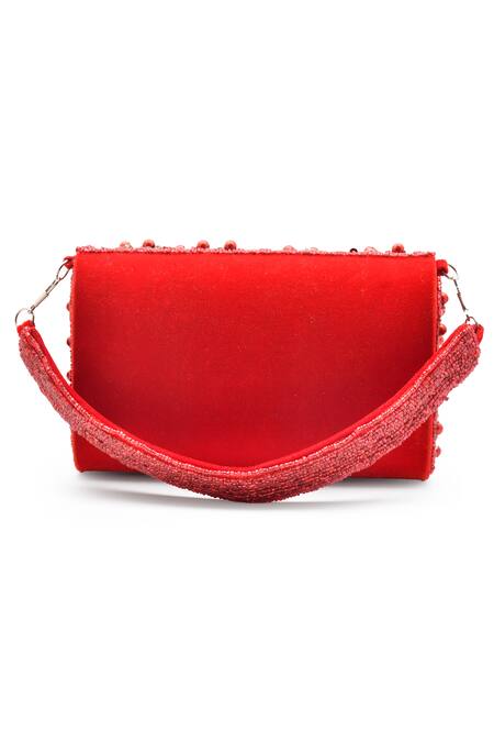 Shop_LA Fiza_Red Pearls, Sequins, Beads Ruby Rhapsody Embellished Clutch Bag_at_Aza_Fashions