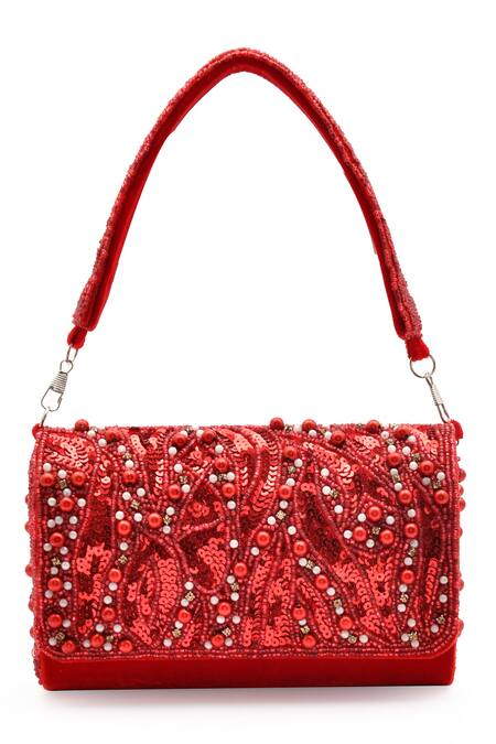 Buy_LA Fiza_Red Pearls, Sequins, Beads Ruby Rhapsody Embellished Clutch Bag_Online_at_Aza_Fashions