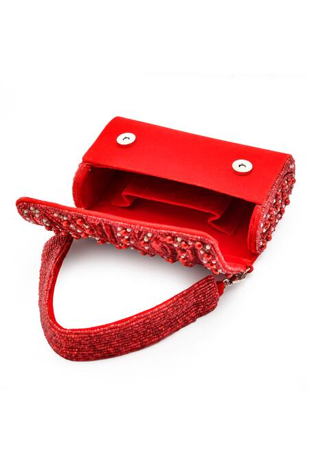 Shop_LA Fiza_Red Pearls, Sequins, Beads Ruby Rhapsody Embellished Clutch Bag_Online_at_Aza_Fashions