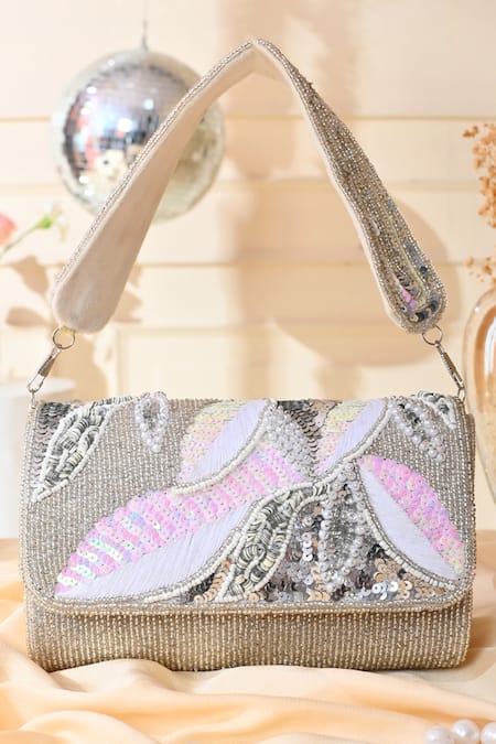 La Fiza Silver Sequin Shimmering Sonata Bloom Embroidered Clutch Bag 