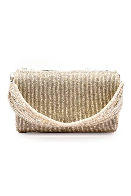 Shop_LA Fiza_Silver Cut Work, Pearls, Sequins, Shimmering Sonata Bloom Embroidered Clutch Bag_at_Aza_Fashions