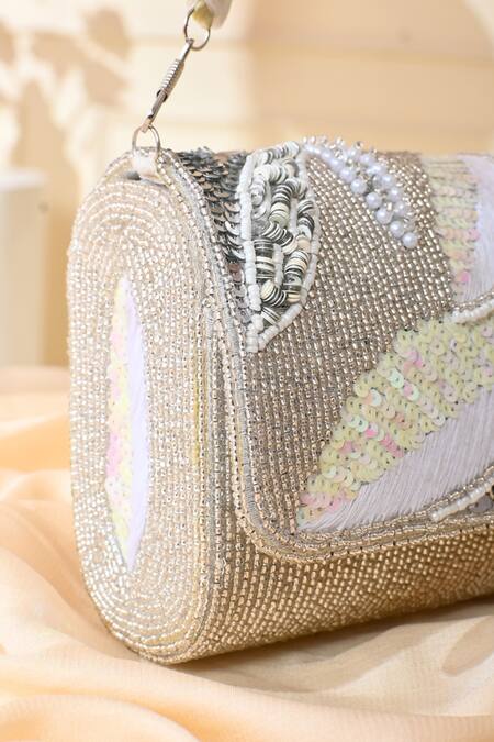 LA Fiza_Silver Cut Work, Pearls, Sequins, Shimmering Sonata Bloom Embroidered Clutch Bag_Online_at_Aza_Fashions