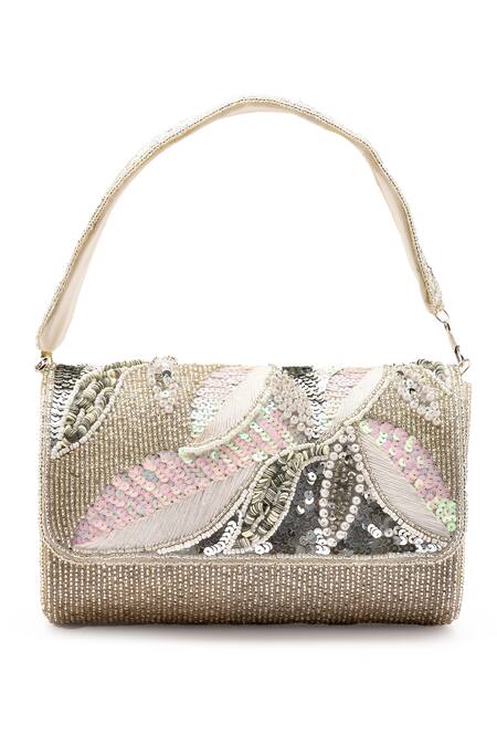 Buy_LA Fiza_Silver Cut Work, Pearls, Sequins, Shimmering Sonata Bloom Embroidered Clutch Bag_Online_at_Aza_Fashions
