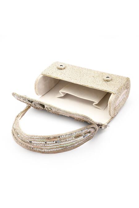 Shop_LA Fiza_Silver Cut Work, Pearls, Sequins, Shimmering Sonata Bloom Embroidered Clutch Bag_Online_at_Aza_Fashions