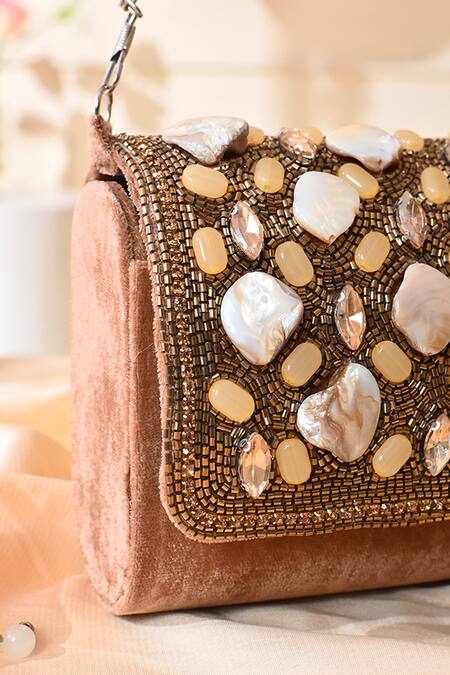 LA Fiza_Gold Cut Work, Crystals, Beads, Stones Aura Embellished Clutch Bag_Online_at_Aza_Fashions