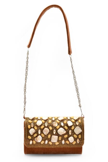 Buy_LA Fiza_Gold Cut Work, Crystals, Beads, Stones Aura Embellished Clutch Bag_Online_at_Aza_Fashions