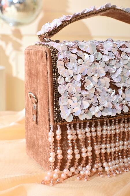 LA Fiza_Brown Cut Work, Sequins, Pearls Cascade Bloom Embellished Clutch Bag_Online_at_Aza_Fashions