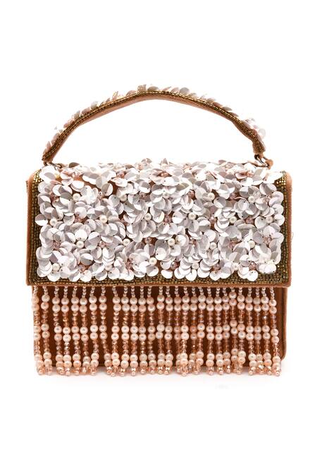 Buy_LA Fiza_Brown Cut Work, Sequins, Pearls Cascade Bloom Embellished Clutch Bag_Online_at_Aza_Fashions