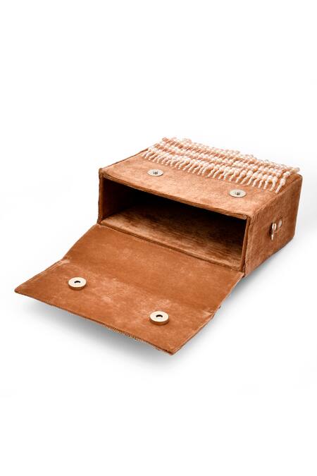 Shop_LA Fiza_Brown Cut Work, Sequins, Pearls Cascade Bloom Embellished Clutch Bag_Online_at_Aza_Fashions