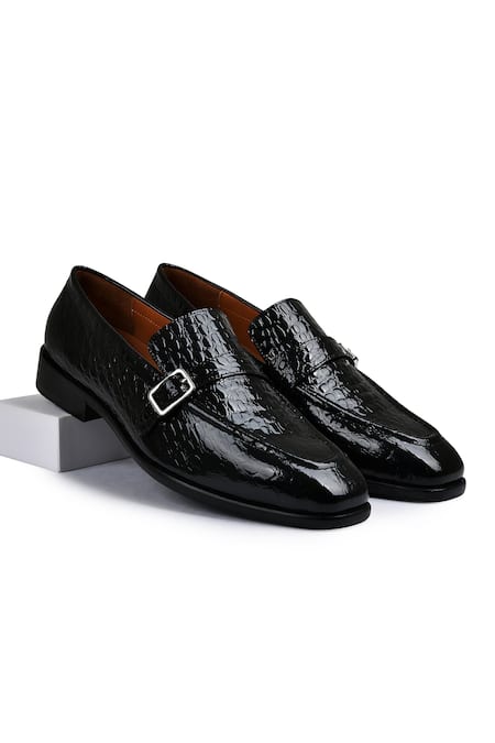 Wednesday Lifestyle Black Textured Croco Buckle Loafers 