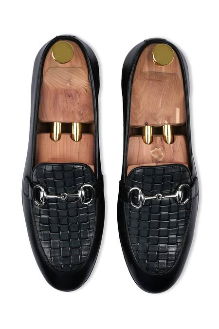 Wednesday Lifestyle Black Woven Vamp Leather Loafers 