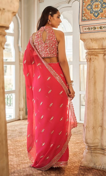 Lashkaraa_Pink Viscose, Organza Sequins, Beads, Embroidered Pre-draped Saree With Blouse _Online_at_Aza_Fashions