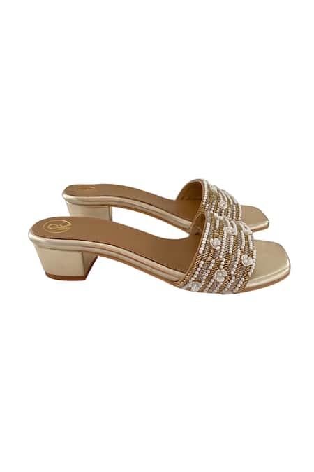 Preet Kaur Gold Embroidery, Pearls Blooming Hand Strap Heels Online at Aza Fashions Preet Kaur_Gold Embroidery, Pearls Blooming Hand Strap Heels _Online_at_Aza_Fashions