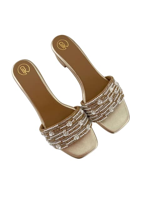 Shop Preet Kaur Gold Embroidery, Pearls Blooming Hand Strap Heels Online at Aza Fashions Shop_Preet Kaur_Gold Embroidery, Pearls Blooming Hand Strap Heels _Online_at_Aza_Fashions