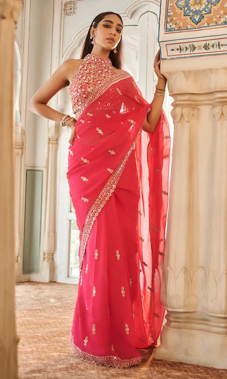 Buy_Lashkaraa_Pink Viscose, Organza Sequins, Beads, Embroidered Pre-draped Saree With Blouse _Online_at_Aza_Fashions