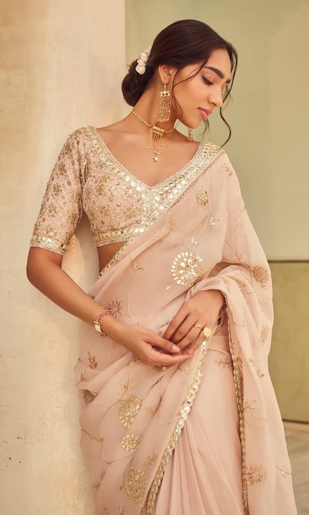Shop Lashkaraa Beige Viscose, Organza Gota Patti, Sequins, Zari Embroidered Pre-draped Saree Online at Aza Fashions Shop_Lashkaraa_Beige Viscose, Organza Gota Patti, Sequins, Zari Embroidered Pre-draped Saree_Online_at_Aza_Fashions
