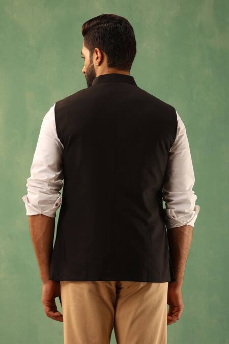 Shop_Dusala_Black Wool Embroidery Solid Straight Bundi _at_Aza_Fashions