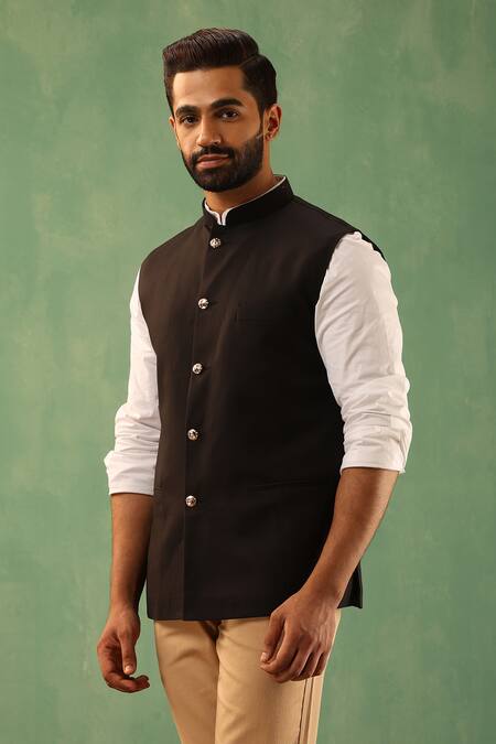 Dusala_Black Wool Embroidery Solid Straight Bundi _Online_at_Aza_Fashions