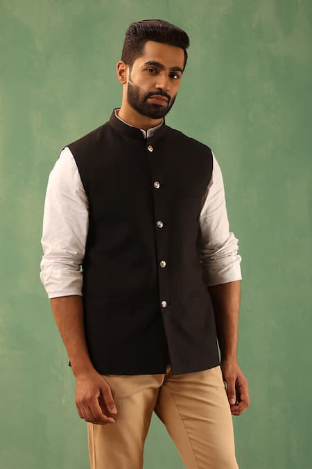 Shop_Dusala_Black Wool Embroidery Solid Straight Bundi _Online_at_Aza_Fashions