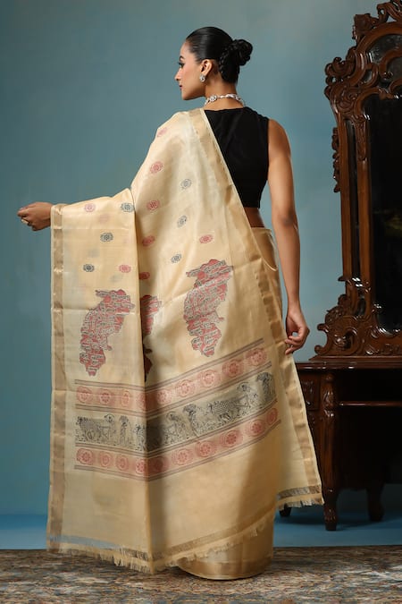 Shop Dusala Beige Kota Doria Petal Handwoven Saree With Running Blouse Piece at Aza Fashions Shop_Dusala_Beige Kota Doria Petal Handwoven Saree With Running Blouse Piece _at_Aza_Fashions