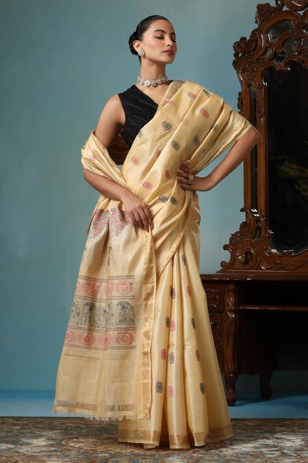 Buy Dusala Beige Kota Doria Petal Handwoven Saree With Running Blouse Piece Buy_Dusala_Beige Kota Doria Petal Handwoven Saree With Running Blouse Piece