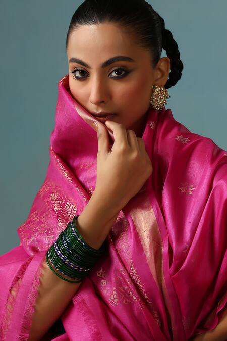 Dusala_Magenta Kota Doria Blossom Handwoven Saree With Running Blouse Piece_Online_at_Aza_Fashions