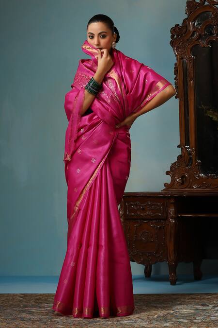 Shop_Dusala_Magenta Kota Doria Blossom Handwoven Saree With Running Blouse Piece_Online_at_Aza_Fashions