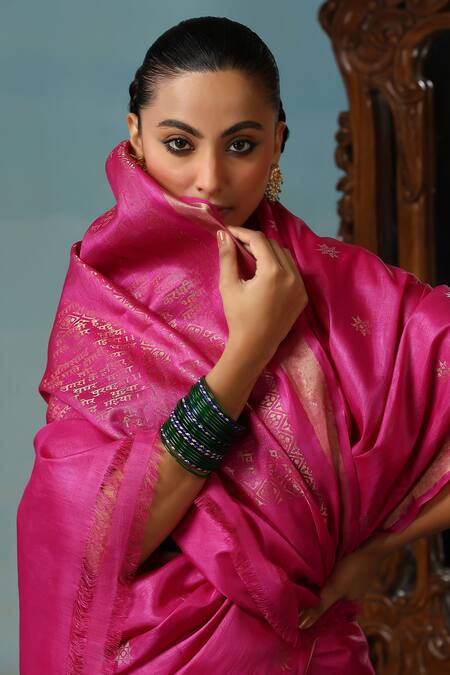 Dusala_Magenta Kota Doria Blossom Handwoven Saree With Running Blouse Piece_at_Aza_Fashions