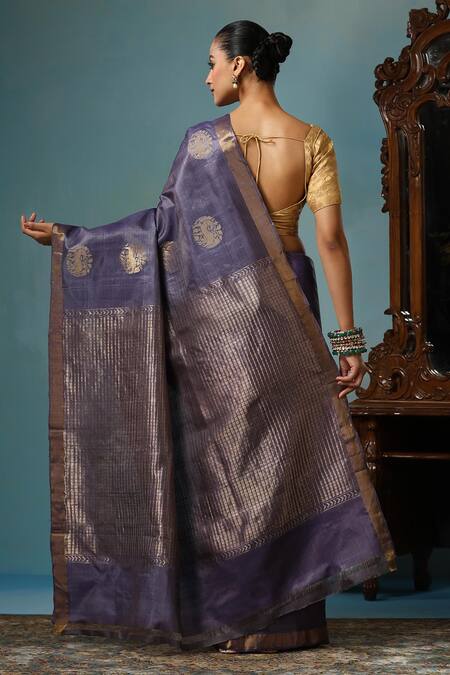 Shop Dusala Gray Kota Doria Lotus Handwoven Saree With Running Blouse Piece at Aza Fashions Shop_Dusala_Gray Kota Doria Lotus Handwoven Saree With Running Blouse Piece_at_Aza_Fashions