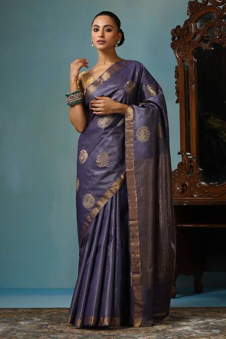 Shop Dusala Gray Kota Doria Lotus Handwoven Saree With Running Blouse Piece Online at Aza Fashions Shop_Dusala_Gray Kota Doria Lotus Handwoven Saree With Running Blouse Piece_Online_at_Aza_Fashions