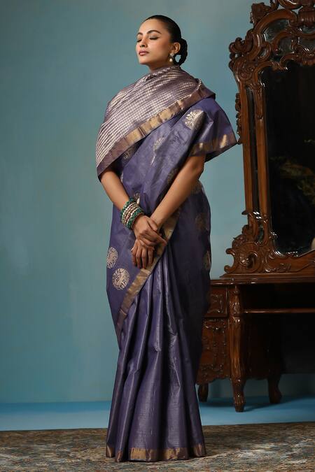 Dusala Gray Kota Doria Lotus Handwoven Saree With Running Blouse Piece at Aza Fashions Dusala_Gray Kota Doria Lotus Handwoven Saree With Running Blouse Piece_at_Aza_Fashions