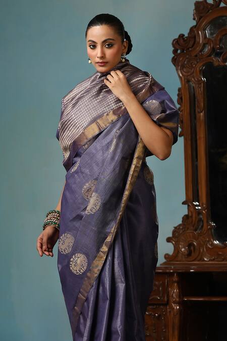 Buy Dusala Gray Kota Doria Lotus Handwoven Saree With Running Blouse Piece Buy_Dusala_Gray Kota Doria Lotus Handwoven Saree With Running Blouse Piece