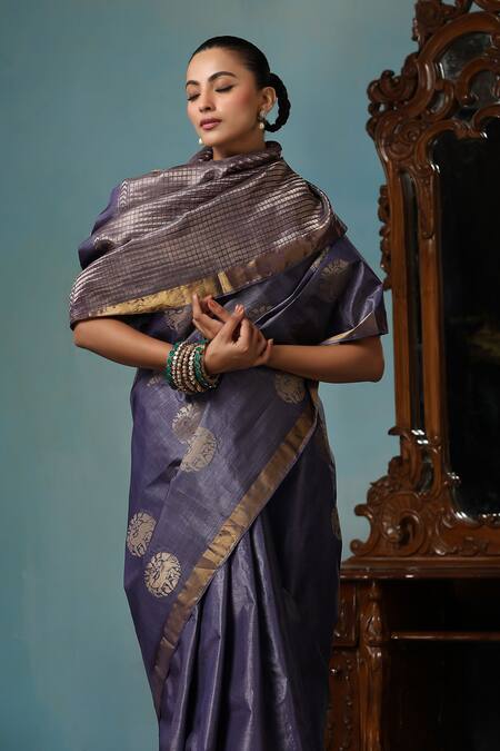 Shop Dusala Gray Kota Doria Lotus Handwoven Saree With Running Blouse Piece Shop_Dusala_Gray Kota Doria Lotus Handwoven Saree With Running Blouse Piece